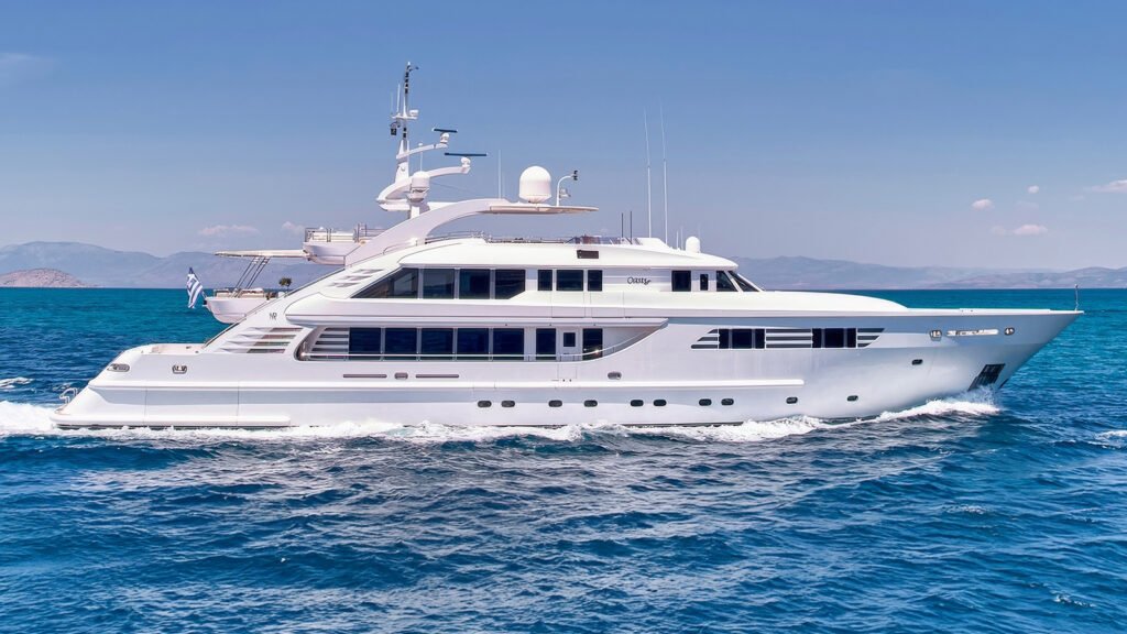 Motor charter yacht off Mayaguana, sun deck and Bahamas waters