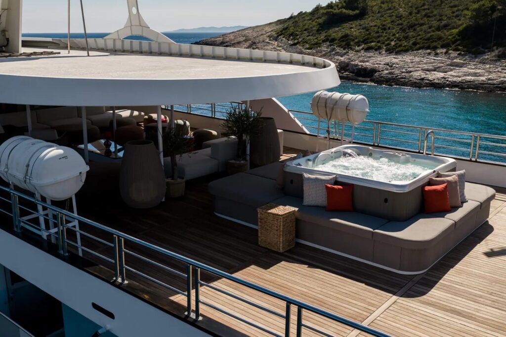 60m charter yacht with sauna, exterior cruising profile