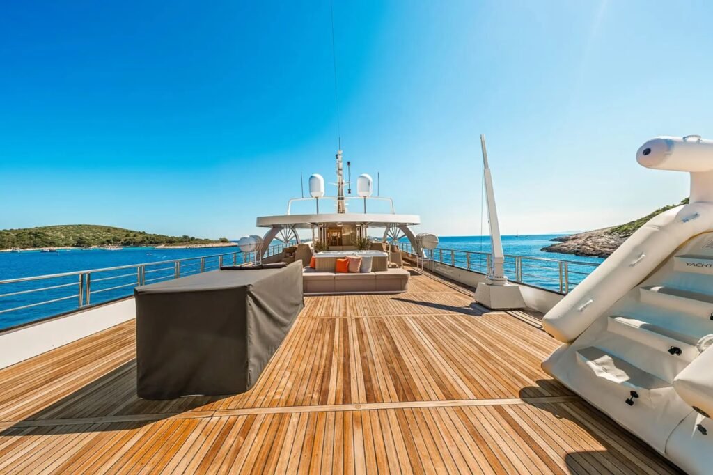 60m motor yacht charter, exterior profile at anchor