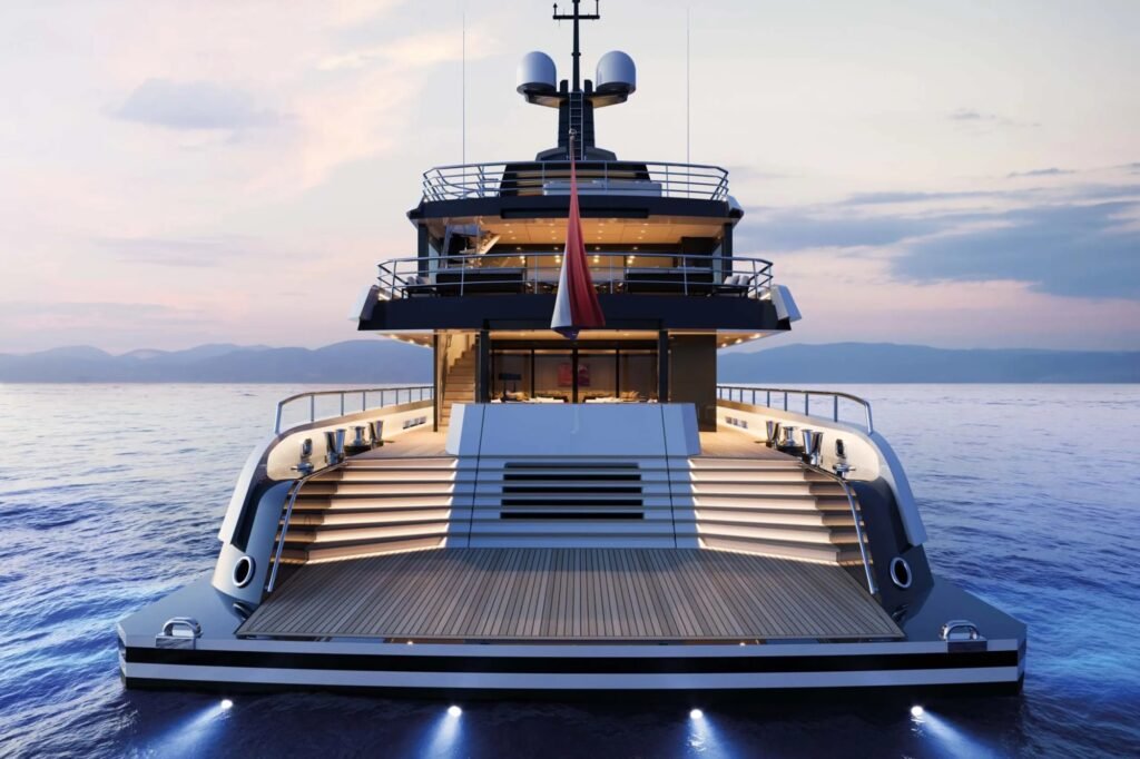 Luxury charter yacht in Calvi, sun deck and profile