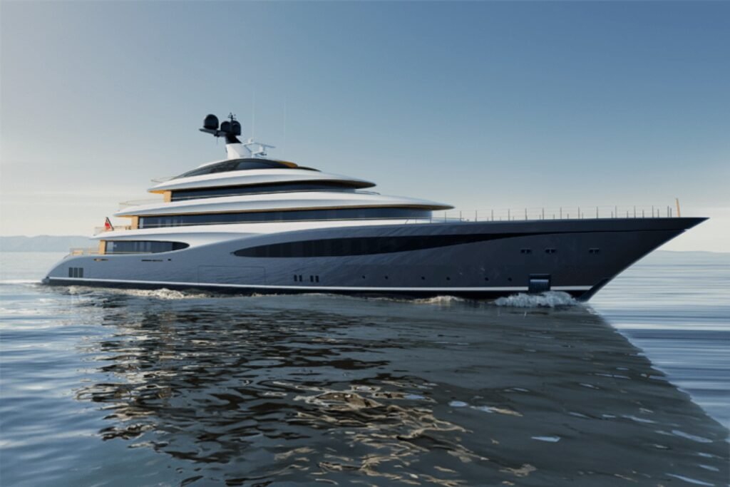 Rafale yacht for sale - profile view of the 87m Turquoise Yachts superyacht with deep blue hull and white superstructure