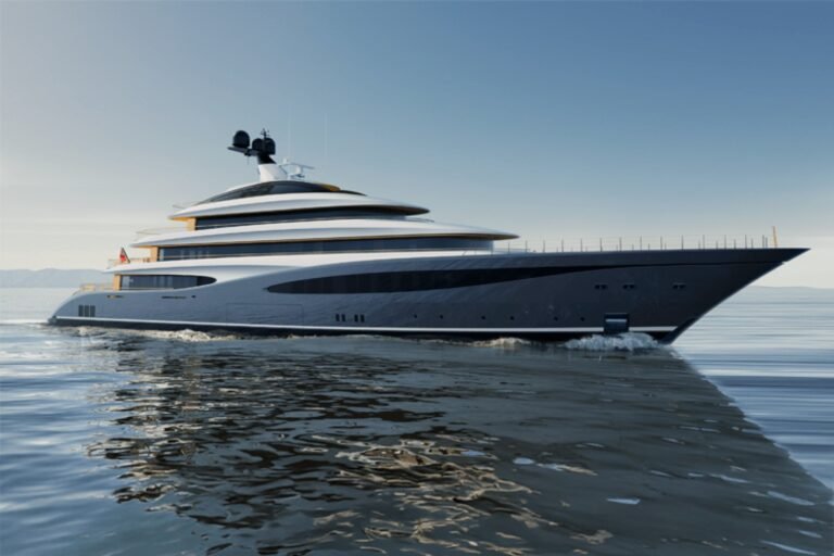 Rafale yacht for sale - profile view of the 87m Turquoise Yachts superyacht with deep blue hull and white superstructure
