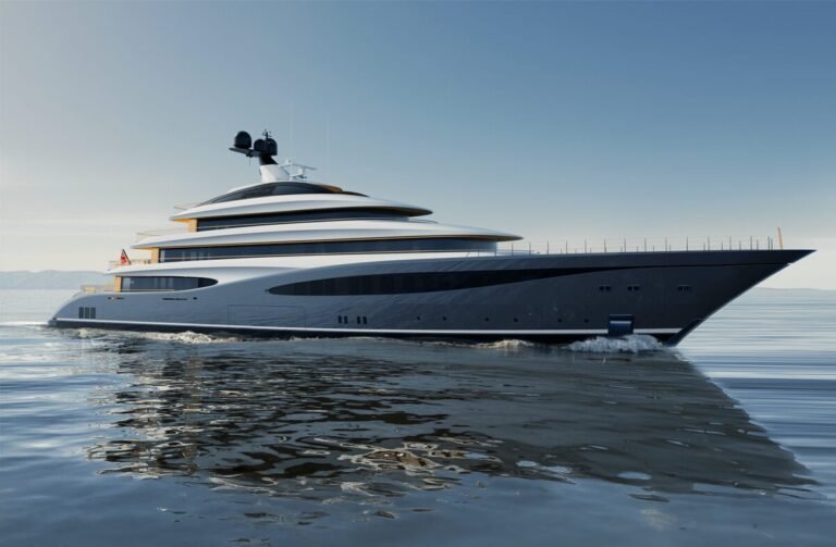 Rafale yacht for sale - exterior rendering of the 87m superyacht by H2 Yacht Design at sea