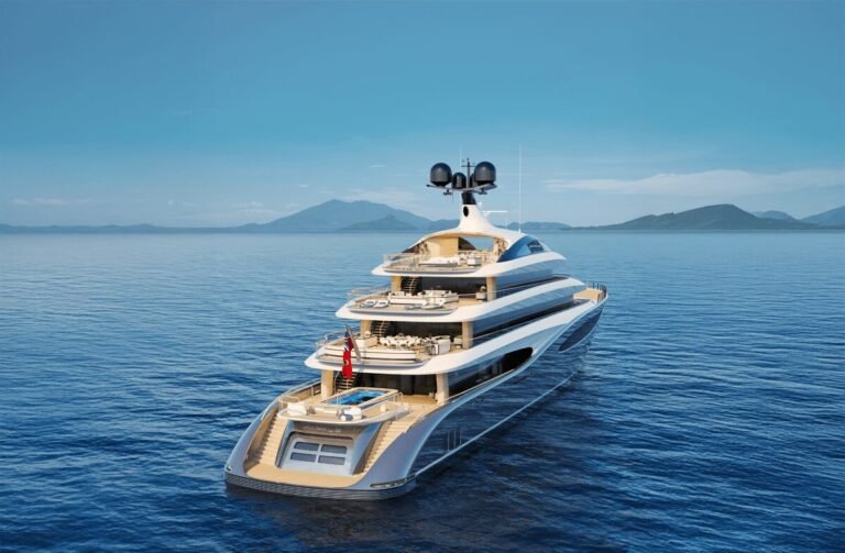 Rafale yacht for sale - aerial view rendering showing the tiered decks and pools of the Turquoise Yachts 87m superyacht