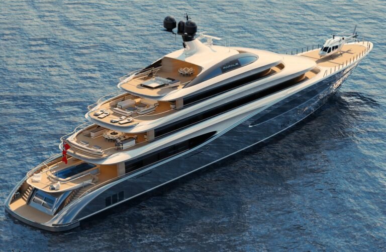 Rafale yacht for sale - aft view rendering with beach club and swimming pool of the 87m Turquoise Yachts superyacht
