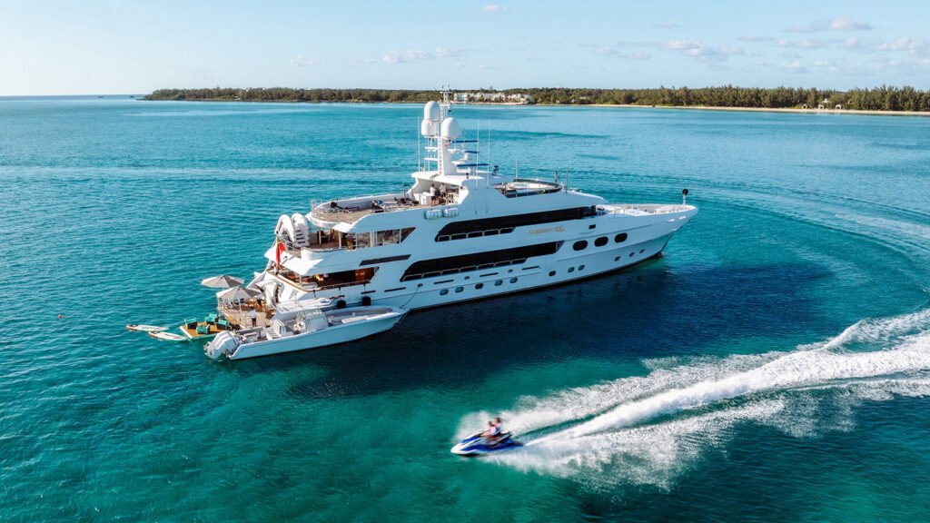 Christensen charter yacht, exterior profile at anchor