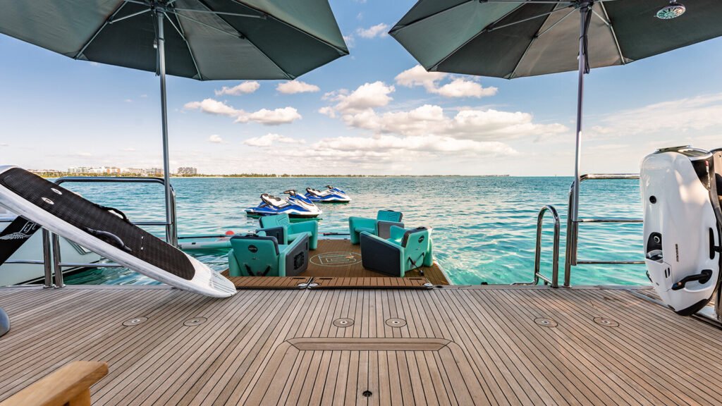 Charter yacht exterior with water toys deployed, Greece