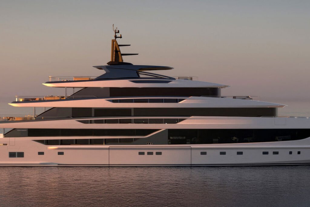 Sanlorenzo 74 Steel yacht for sale - profile view of the 74m Sanlorenzo flagship superyacht designed by Zuccon International Project