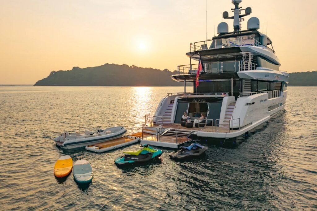 yacht charter with cinema, exterior profile at anchor
