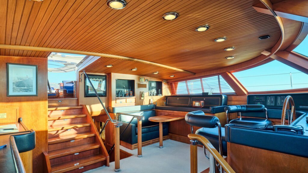 Wheelhouse with twin helm seats and navigation instruments