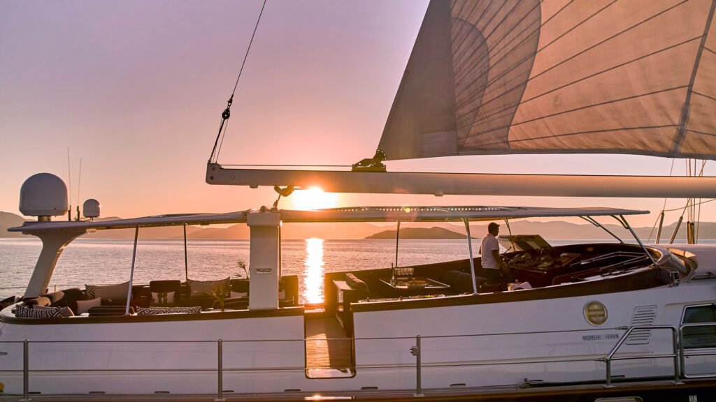 Thailand sailing charter yacht, cockpit and stern in open Andaman water