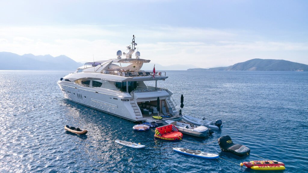 Propriano motor charter yacht, aft deck and southern Corsican coastline