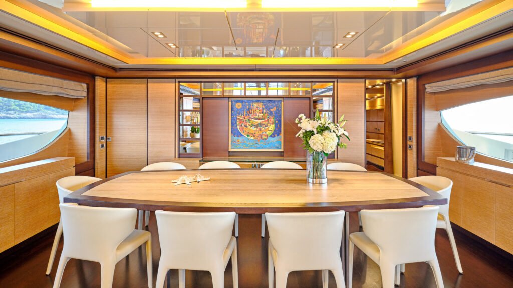 Formal dining room with colourful wall art