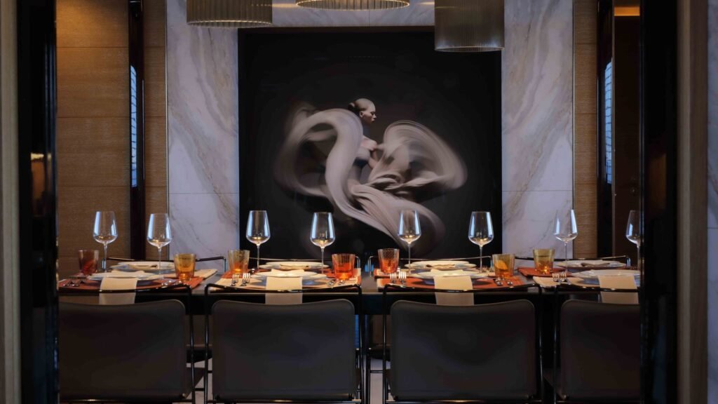 Formal dining room with motion-blur wall art