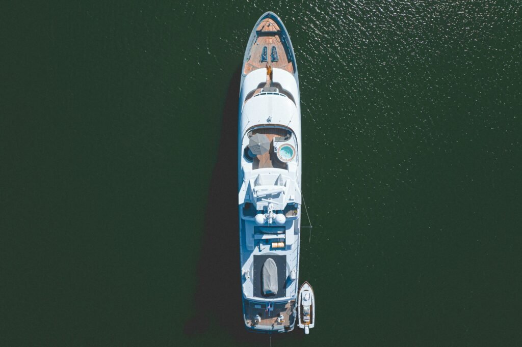 Delta Marine motor yacht, aft deck in St Barts blue water