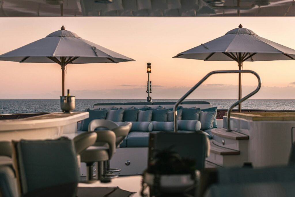 Charter yacht with beach set up service, exterior at anchor