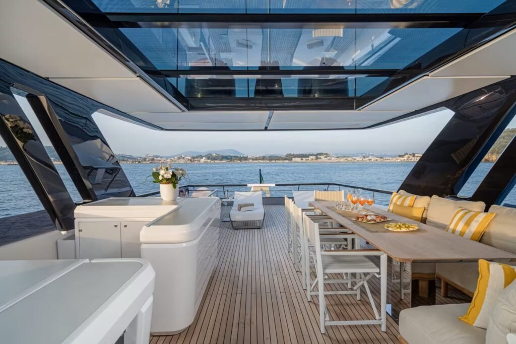 Ferretti charter yacht Porto Vecchio, exterior profile at anchor