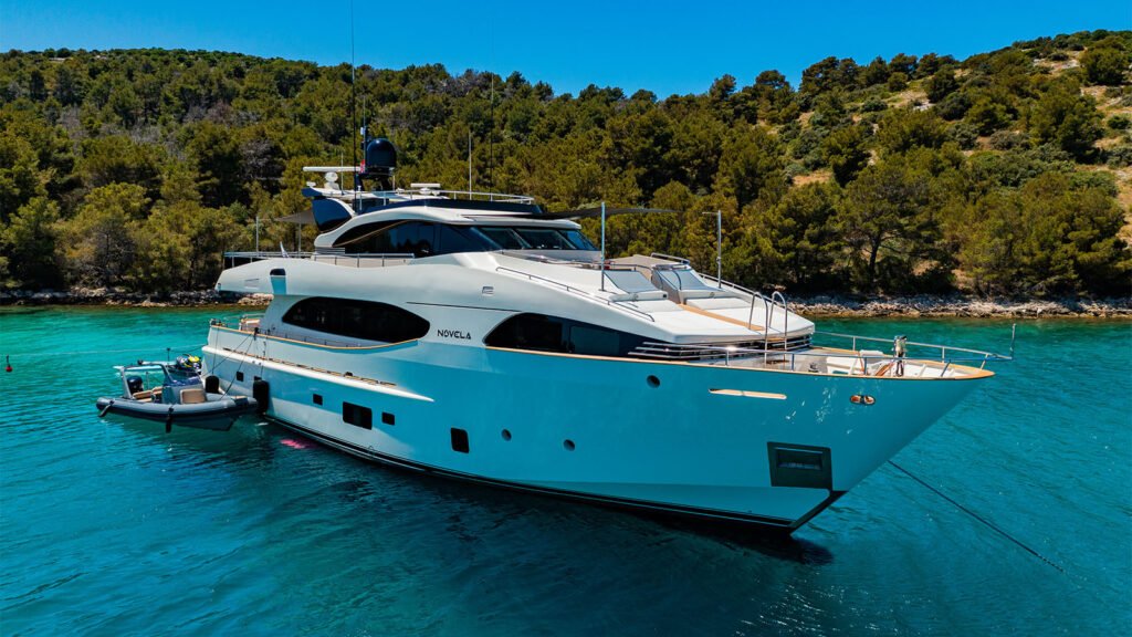 NOVELA at anchor in a Croatian bay, aerial view