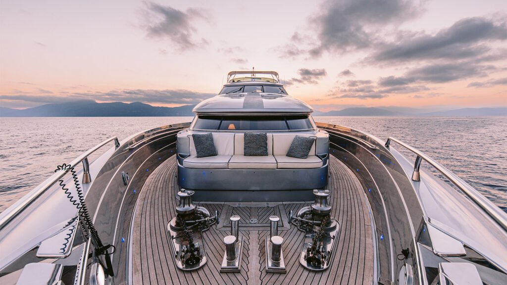ELVI foredeck settee and sun pads at sunset