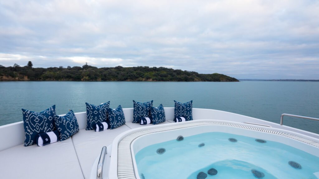 Family yacht charter Skiathos, exterior profile at anchor in calm bay