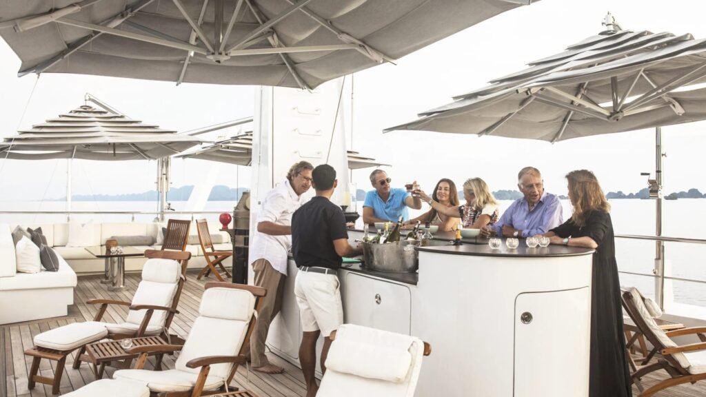 Singapore explorer charter yacht, aft deck and dive platform in open water