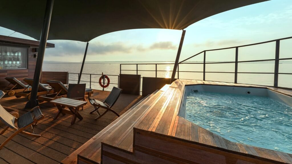 Explorer yacht at anchor in the Sporades, exterior aft deck