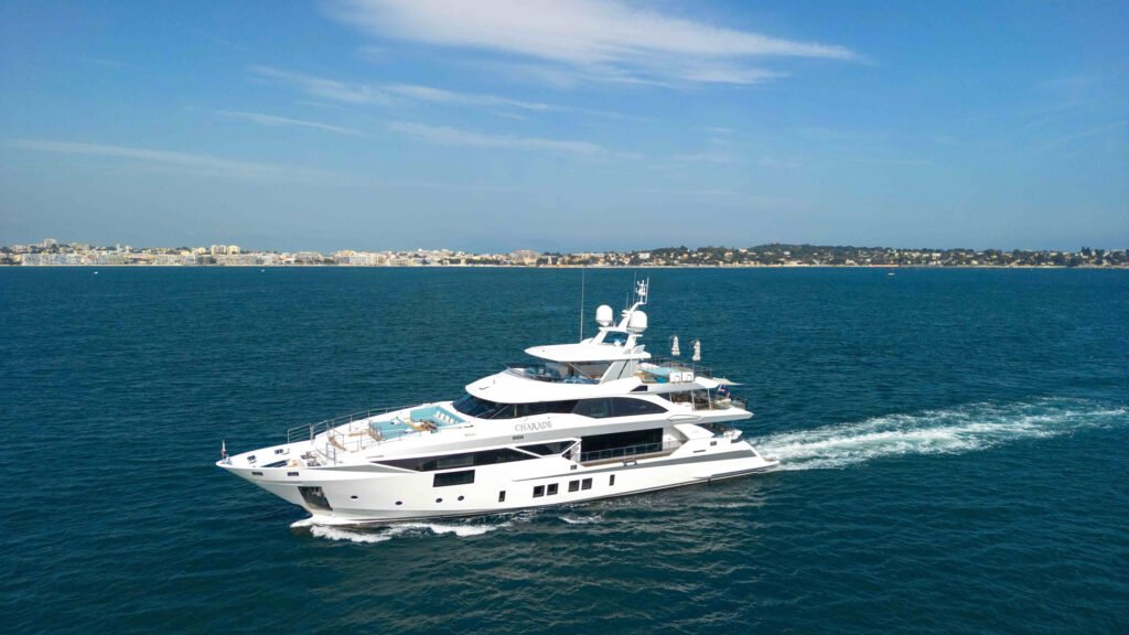 CHARADE charter yacht — aerial view at anchor
