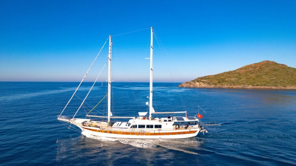 40m charter yacht exterior profile at anchor