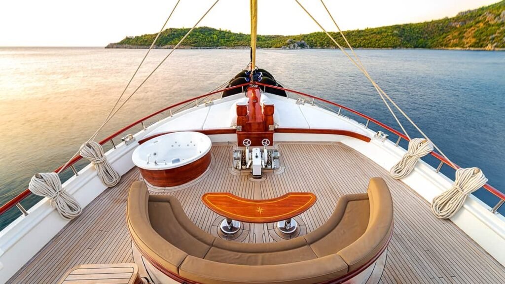 Classic yacht anchored near Ibiza, gaff rigged schooner in Balearic anchorage