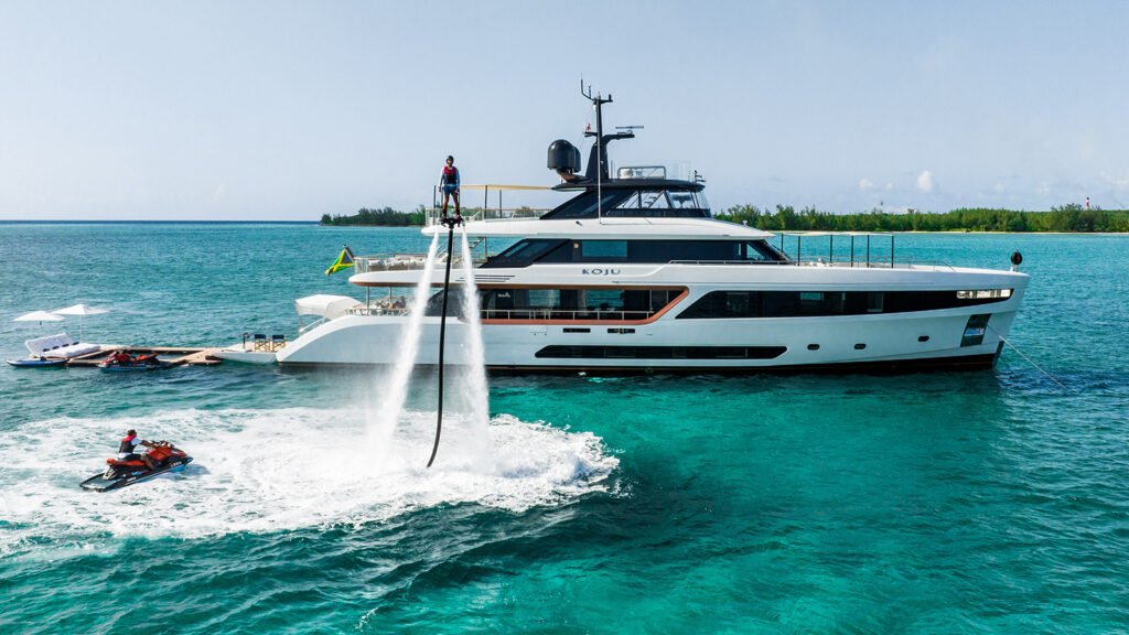 Virgin Gorda Classic charter yacht, exterior profile at anchor