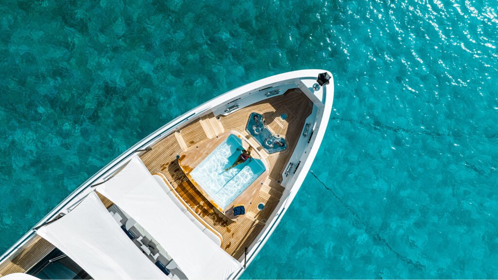 Swimming pool set into the foredeck of KOJU, seen from above
