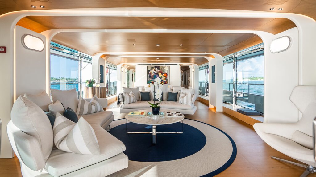 Main salon aboard KOJU looking forward to the dining room