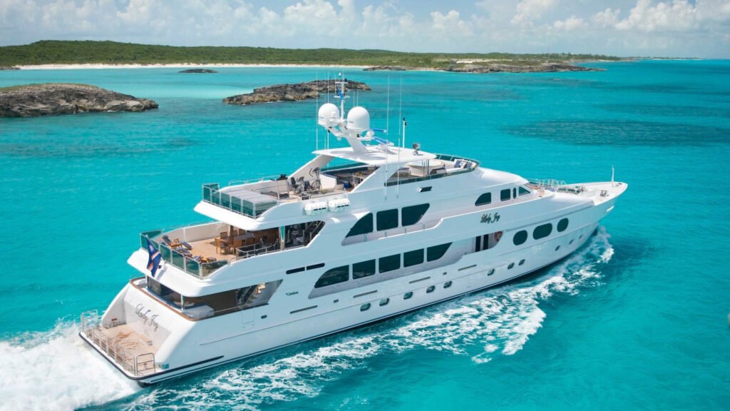 50m charter yacht exterior profile at anchor