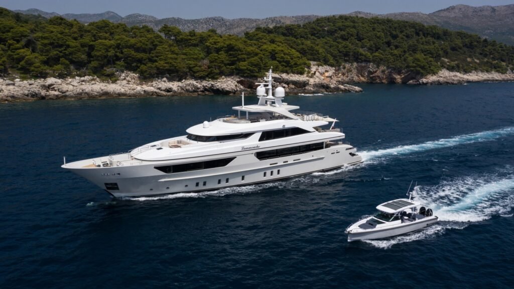 Sanlorenzo charter yacht, aft deck and swim platform in Caribbean waters