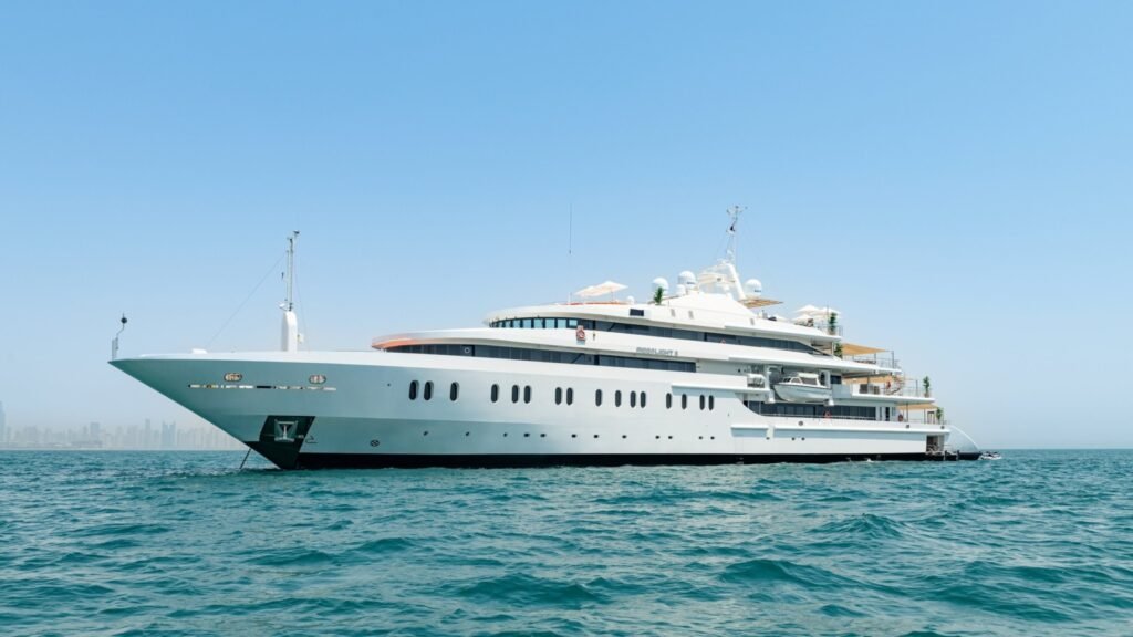 Motor yacht at anchor Port Nelson Rum Cay Bahamas exterior