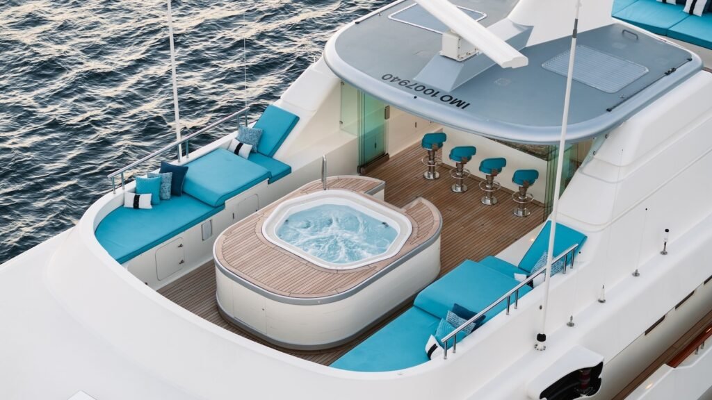 Motor yacht charter Skiathos, exterior profile at anchor in Sporades