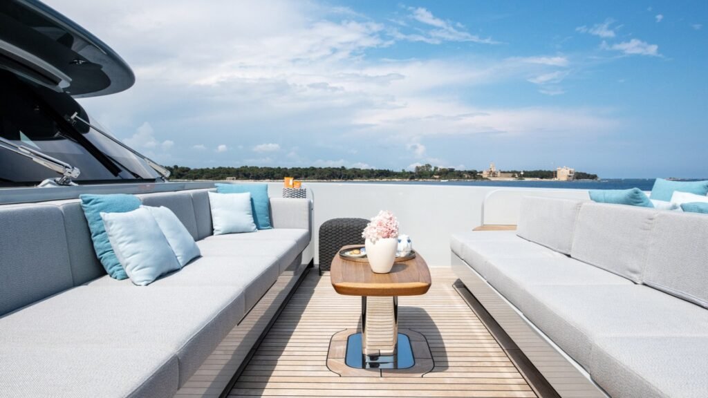 Explorer yacht charter Saronic Islands, aft deck with Aegean view