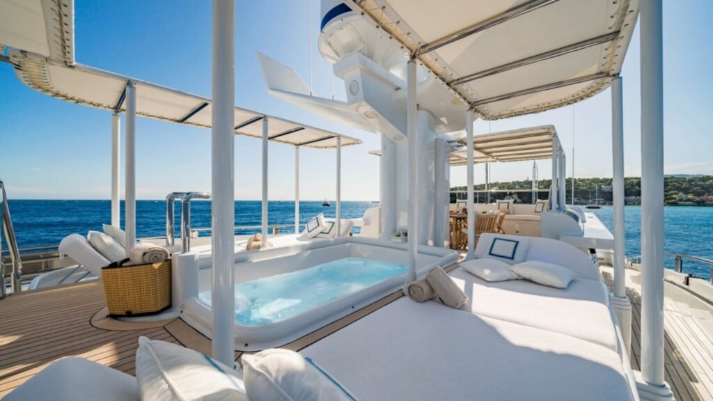Monaco motor charter yacht, sun deck and aft terrace