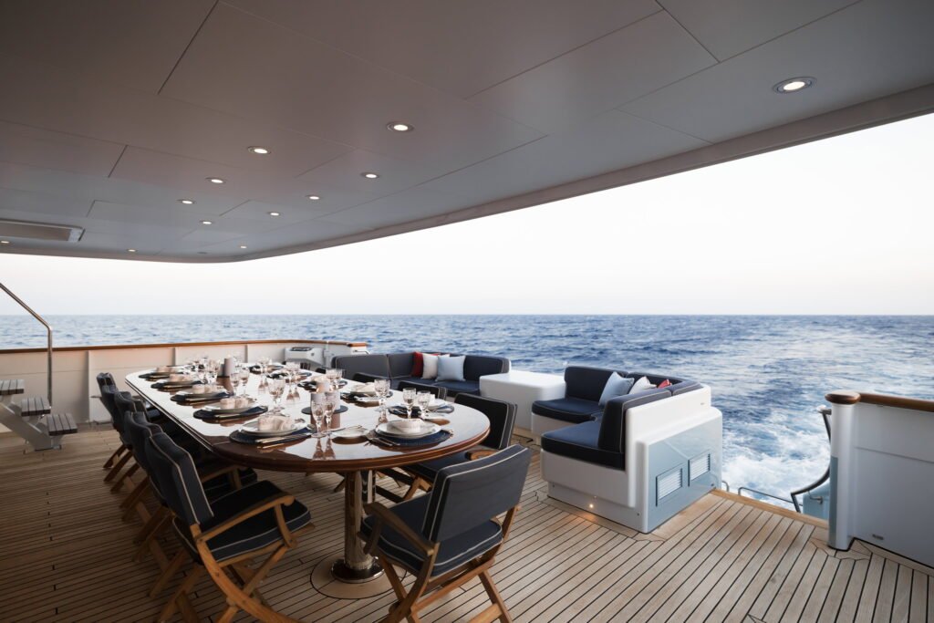 Bahamas Feadship charter yacht, exterior profile at anchor