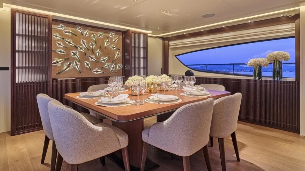 Formal dining table for eight aboard ONCE MORE