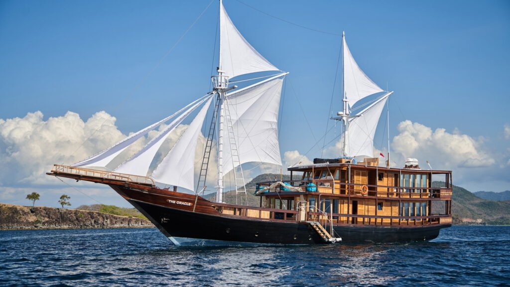 Classic yacht for charter in the Andaman Islands, exterior profile at anchor
