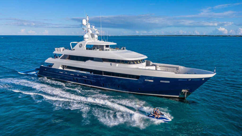 Delta Marine yacht, aft deck and profile at anchor Caicos Bank