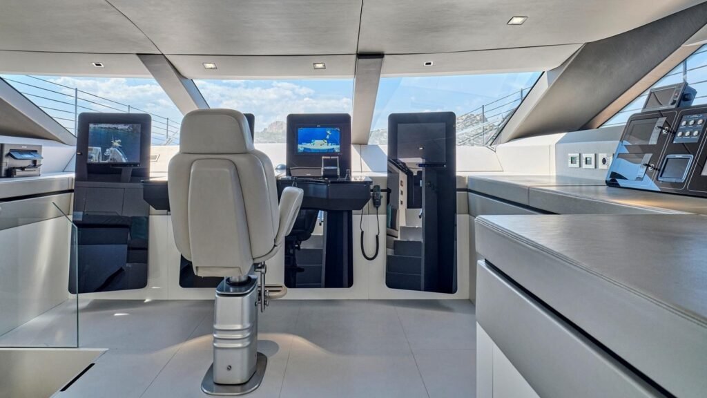 Wheelhouse aboard RIANA II with helm chair and twin display stacks