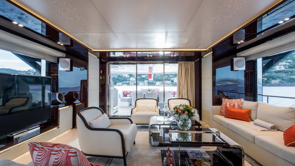 SOULMATE main salon lounge with accent cushions and sea views
