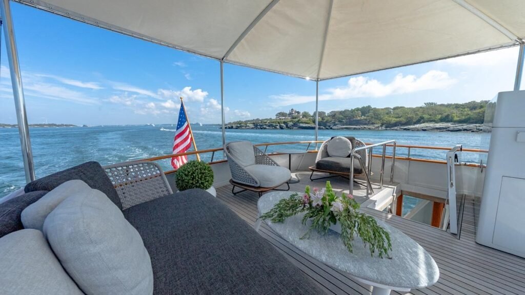 Classic yacht charter Skiathos, aft deck and stern at anchor