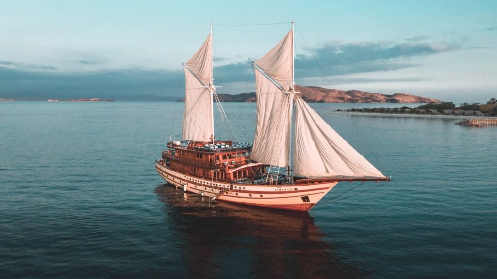 Vietnam sailing charter yacht, cockpit and stern in open Gulf of Tonkin water