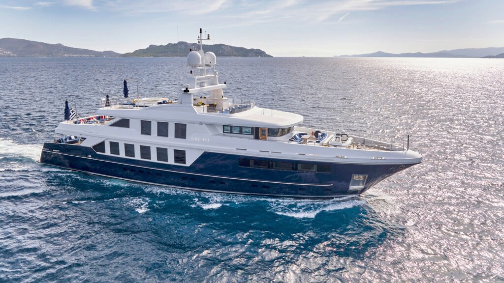 Charter yacht anchored in Turkish bay, family watertoys and inflatables