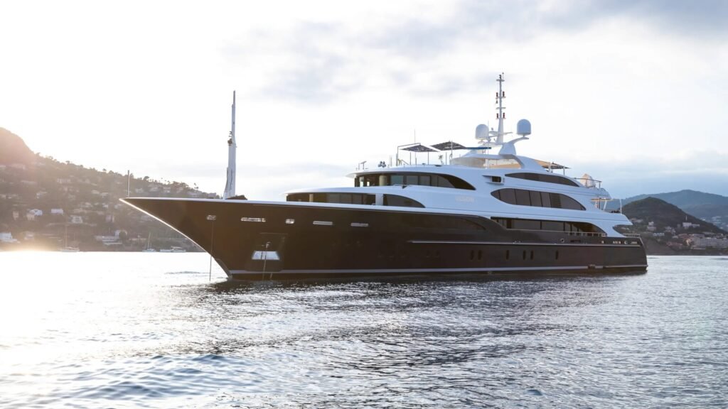 60m charter yacht exterior profile at anchor
