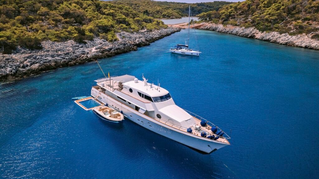 Classic charter yacht, wooden deck and rigging detail