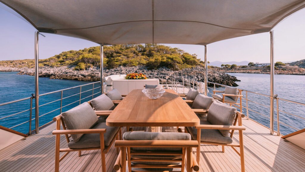 classic sailing yacht Anguilla, teak deck at anchor